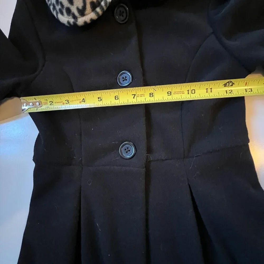 Vtg Copper Key Soft Black Coat Faux Fur Leopard Trim Size 7/8 Buttons Pockets - Picture 8 of 13